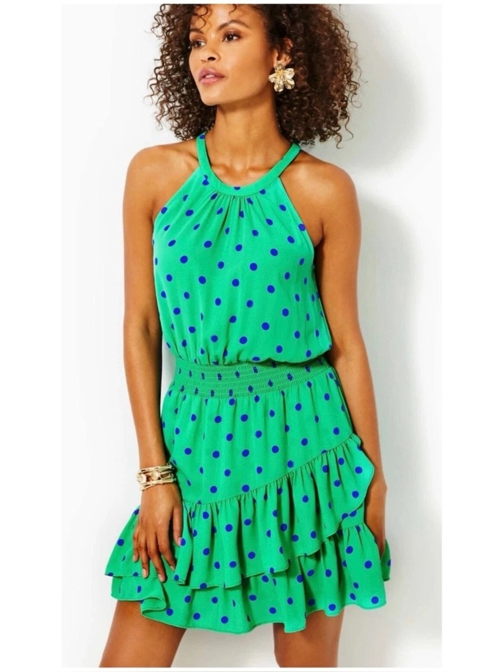 Lilly Pulitzer Pamelyn green & blue dot ruffled halter neck mini dress EUC small